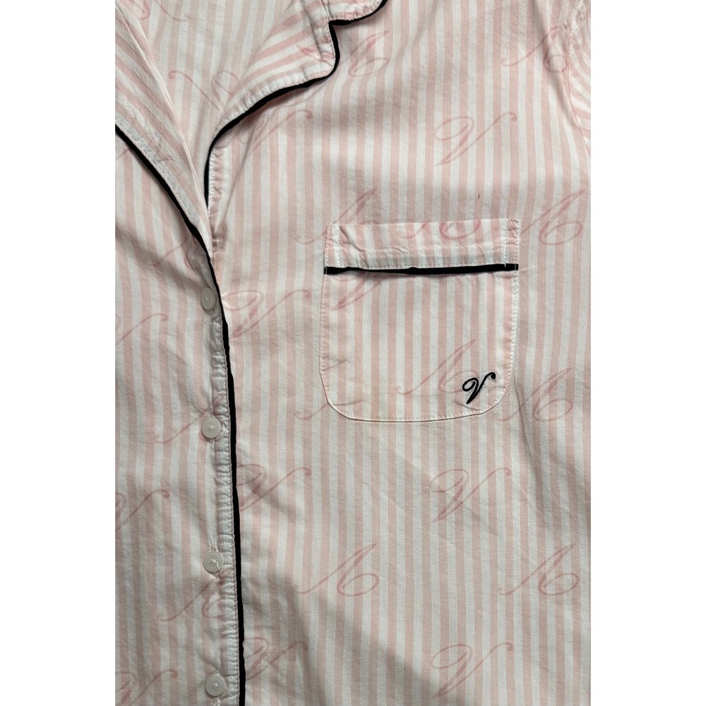 Victoria's Secret Pink Stripe V Logo Pajama Top Short Sleeve Button Up Sleepwear - Picture 2 of 9